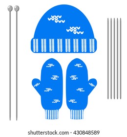 Needlework. Hat and mittens, knitting needles. Tools of the knitter. Set of isolated objects. Vector illustration.
