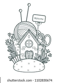 Needlework house. Page for coloring book, greeting card, print, t-shirt, poster. Hand-drawn vector illustration.