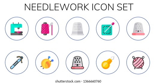 needlework icon set. 10 flat needlework icons.  Collection Of - sewing machine, crochet, spool, yarn ball, sewing thimble, thimble, sewing, threader, wool ball