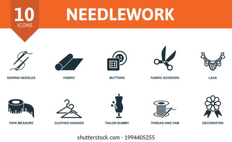 Needlework icon set. Contains editable icons sewing equipment theme such as sewing needles, buttons, lace and more.