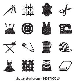 Needlework Icons. Black Scribble Design. Vector Illustration.