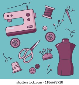 Needlework icons, color  needlework machine and tools