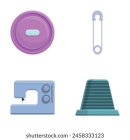Needlework icons set cartoon vector. Sewing machine, pin, thimble and button. Dressmaking, tailor shop