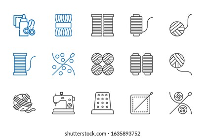 needlework icons set. Collection of needlework with sewing, thimble, sewing machine, yarn ball, wool ball, thread, wool balls, wool, handcraft. Editable and scalable needlework icons.