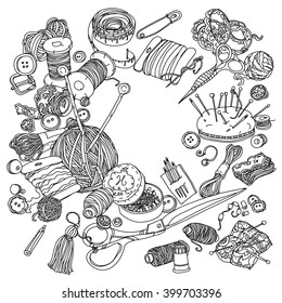 Needlework items black and white  ornament. Could be use  for adult coloring book  in zenart style. 