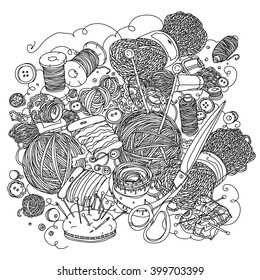 Needlework items black and white  ornament. Could be use  for adult coloring book  in zenart style. 
