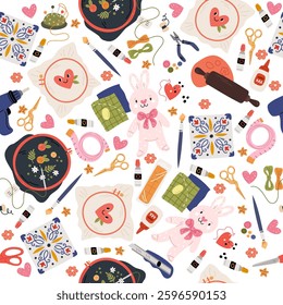 Needlework items. Creative craft hobby seamless pattern. Embroidery hoop. Needle and thread. Repeated print. Glue and scissors. Sewing handmade toy. Ceramics painting