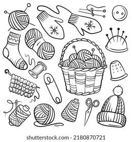 Needlework and knitting items set in doodle style. Vector illustration isolated on white background.