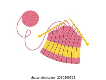 Needlework with knitting yarn skein. Flat style illustration of hobby objects