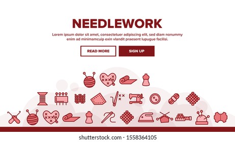 Needlework Landing Web Page Header Banner Template Vector. Pin And Button, Needle And Spool, Meter And Dummy Needlework Tools And Details Illustration