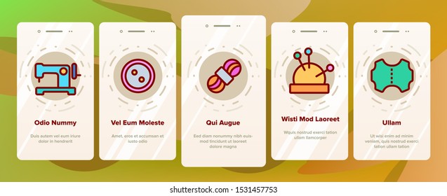 Needlework Onboarding Mobile App Page Screen Vector Thin Line. Pin And Button, Needle And Spool, Meter And Dummy Needlework Tools And Details Concept Linear Pictograms. Color Contour Illustrations