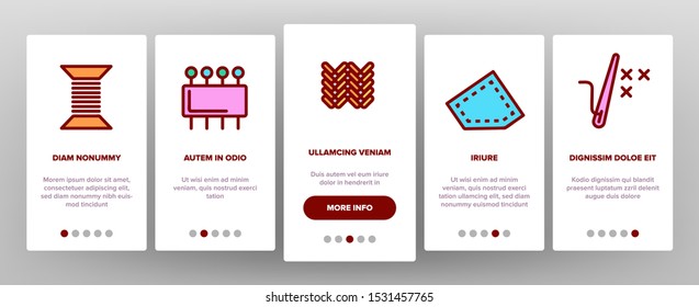 Needlework Onboarding Mobile App Page Screen Vector Thin Line. Pin And Button, Needle And Spool, Meter And Dummy Needlework Tools And Details Concept Linear Pictograms. Color Contour Illustrations