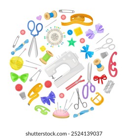 Projeto de composição redonda de agulha com alfaiate e modelo de vetor de equipamento de costura