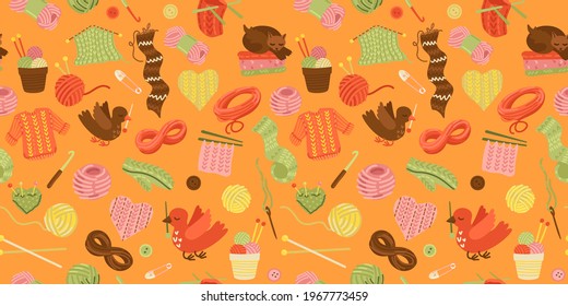 Needlework seamless pattern. Handiwork knitting with yarn, needles, mittens and animals. Cute bright childish illustration. Seamless ornament for textiles, design creation of clothes. Vector drawing