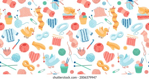 Needlework seamless pattern. Handiwork knitting with yarn, needles, mittens and animals. Cute bright childish illustration. Seamless ornament for textiles, design creation of clothes. Vector drawing