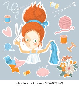 Needlework. Eine Reihe von Aufklebern, bestehend aus Garnen, Nadeln, Fäden, Blumen und einem Mädchen mit Schere. Cartoon. Vektorgrafik im Flachstil.