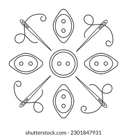 Coser de tela. Página de libro de colorear para niños. Mandala. Botones para ropa, agujas de coser y hilo . Ilustración del vector