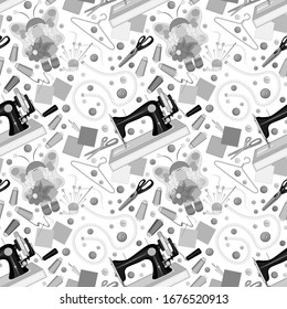Needlework and sewing kit - sewing machine, shreds, needles, buttons and other accessories. Seamless pattern, background for website or blog, textile, packaging. Tailoring is a hobby. Vector