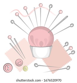 Needlework and sewing kit - pink needle bed, buttons and shreds. Tailoring is a hobby. Vector illustration drawing on a white background.