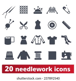 Needlework, sewing and knitting icons: vector set of haute couture, atelier and handiwork equipment and signs.