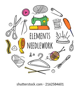 Needlework sewing knitting a large set of bright multicolored elements in the form of a circle Hand made Vector illustration on a white 