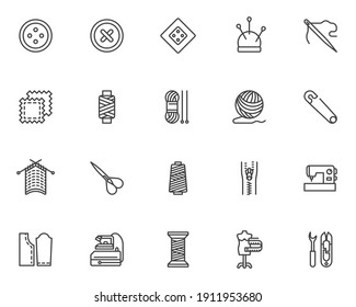 Needlework, sewing line icons set. linear style symbols collection, outline signs pack. vector graphics. Set includes icons as tailor scissors, sewing machine, thread spool, clothing buttons, fabric