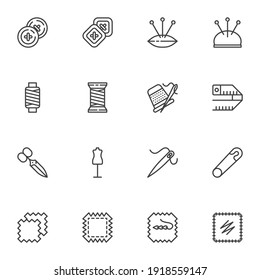 Needlework, sewing line icons set, embroidery outline vector symbol collection, linear style pictogram pack. Signs, logo illustration. Set includes icons as thread bobbin, needle, patch, button