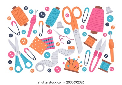 Needlework, sewing and stitching doodle supplies. Doodle buttons, scissors, needles and thread spools, sewing tools cartoon vector illustration icons set