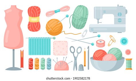 Needlework sewing tailoring tools. Cartoon tailor accessories to knit and sew collection with knitting needles scissors yarn sewing machine buttons spools threads isolated on white