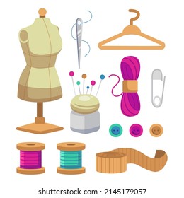 Needlework sewing tailoring tools. Cartoon tailor accessories to knit and sew collection with knitting needles scissors yarn sewing machine buttons spools threads. Vector illustration.