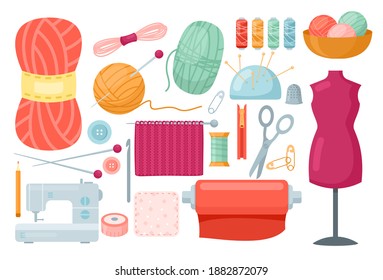 Needlework sewing tailoring tools vector illustration. Cartoon tailor accessories to knit and sew collection with knitting needles scissors yarn sewing machine buttons spools threads isolated on white