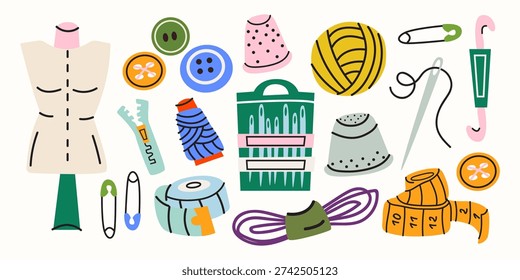Needlework and sewing tools collection in cartoon groovy style. Thread spools, buttons, thimbles and measuring tape. Vector illustration of handicraft hobby supplies and tailor equipment isolated