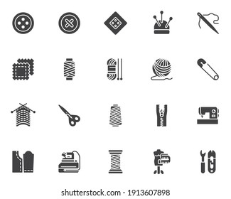 Needlework, sewing vector icons set, modern solid symbol collection, filled style pictogram pack. Signs, logo illustration. Set includes icons as tailor scissors, sewing machine, thread spool, fabric