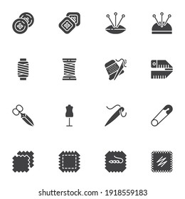 Needlework, nähende Vektorsymbole Set, moderne solide Symbolsammlung, gefülltes Piktogramm-Paket im Stil. Zeichen, Logo-Illustration. Set include icons as thread bobbin, nadel, patch, button