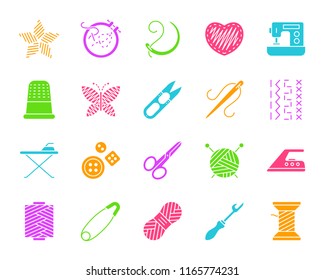 Needlework silhouette icons set. Isolated web sign kit of embroidery. Handiwork monochrome pictogram collection handmade, sew, craft. Simple needlework color contour symbol Vector Icon shape for stamp