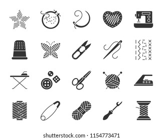 Needlework silhouette icons set. Sign kit of embroidery. Handiwork pictograms of stitch pattern, ironing board, curved needle. Simple needlework black symbol on white. Vector Icon shape for stamp