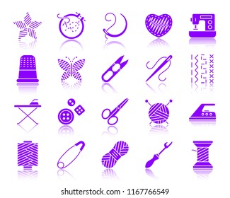 Needlework silhouette icons set. Web sign kit of embroidery. Handiwork pictogram wool, iron steamer, scissors. Simple needlework contour symbol with reflection. Vector Icon shape isolated on white