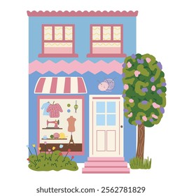 Needlework store, sewing store. Goods for sewing. Small cute store with items for needlework. Illustration on a white background