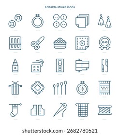 Icono de trazo de aguja. Conjunto de iconos de línea de costura. paquete de iconos de trazo editable