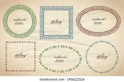 Needlework style and sewing style vector frames collection - oval, circle and square frames, hand drawn illustration