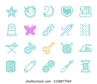 Needlework thin line icon set. Outline sign kit of embroidery. Handiwork linear icons stitch pattern, ironing board, curved needle. Simple needlework contour symbol isolated. Vector Illustration