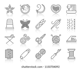 Needlework thin line icons set. Outline sign kit of embroidery. Handiwork linear icon collection includes woolen threads, crochet yarn. Simple needle work symbol with reflection vector Illustration