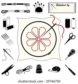 Needlework Tool Collection: embroidery floss, needles, bobbins, tape measure, scissors, thread clips, thimble, sewing labels, hoop, pincushion for cross stitch, applique, needlepoint, tapestry, diy crafts. The EPS vector file and all its elements can be resized to any dimension without loss of quality.