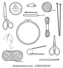 Needlework tool kit. Yarn, needles, hoops, scissors. Black and white illustration for kids coloring book, design elements	