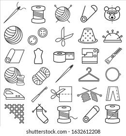 needlework tool line icon set