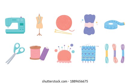 needlework tools icons, measuring tape, scissors, yarn skeins buttons and pins vector illustration