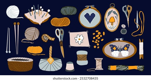 Needlework tools, including sewing, knitting and embroidery items. Cozy clip art vector artwork on the deep blue background. In brown, blue and orange colors. Flat and hand drawn modern design. 