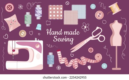 Needlework tools set. Handmade Kit sewing machine, iron, scissors, spools of thread, buttons, needles in needle bar, meter, thimble, pin, ripper, zipper, yarn wool ball. Hobby tools flat vector