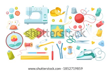 Needlework tools set. Handmade Kit: sewing machine, iron, scissors, spools of thread, buttons, needles in needle bar, meter, thimble, pin, ripper, zipper, yarn wool ball. Hobby tools flat vector