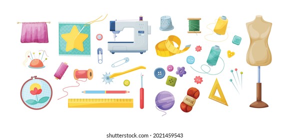 Herramientas de trabajo de necesidad establecidas. Suministros para el hobby artesanal, tejido, bordado. Kit hecho a mano para costura, costura cruzada, hierro, tijeras, botones, lana, ropa de punto, hilados, lana, ropa de punto, hilados, contador, grueso